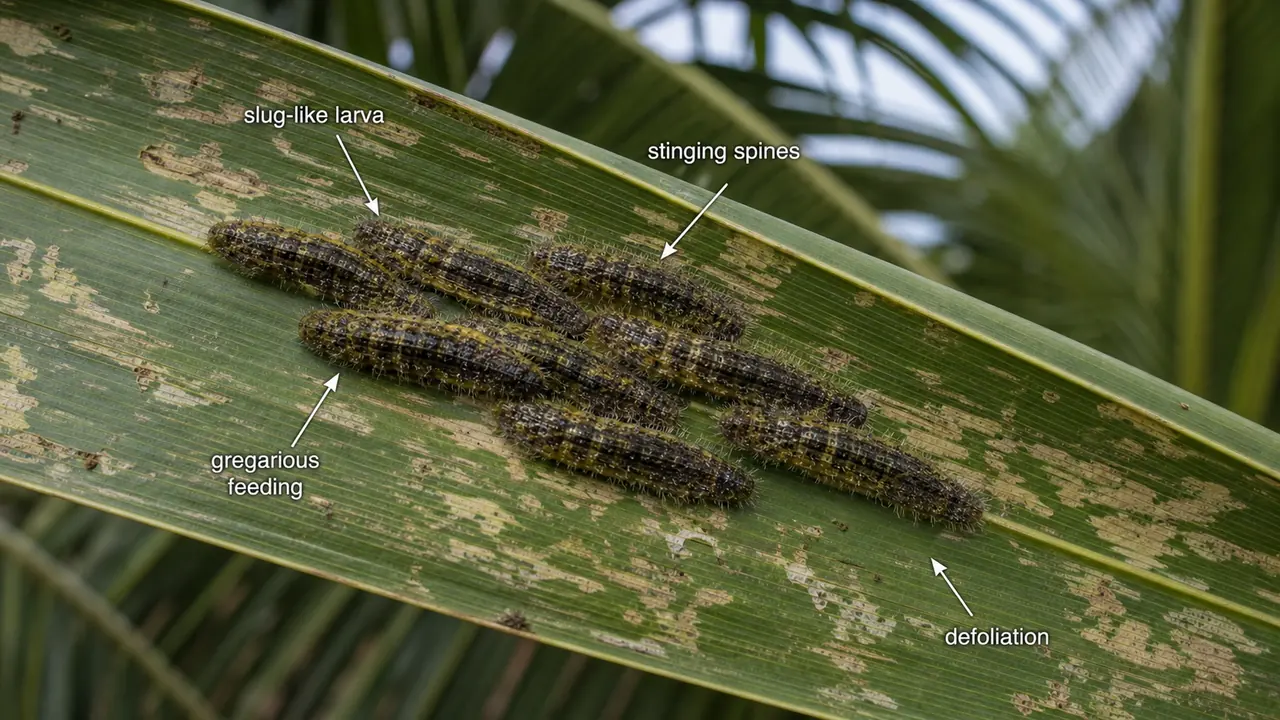 Slug caterpillar damage on coconut showing flattened spiny larvae feeding gregariously on coconut leaflets and causing defoliation