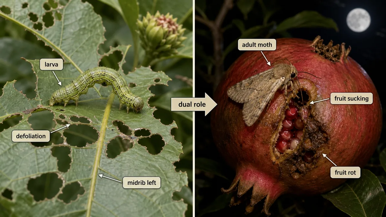 Achaea janata showing larval defoliation and adult fruit sucking damage as a dual-role pest