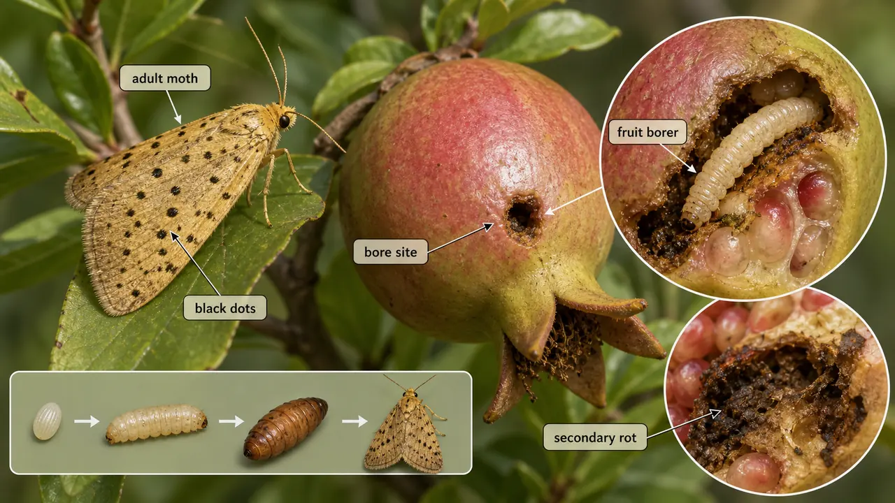 Conogethes punctiferalis on pomegranate showing adult moth with black dots, fruit borer larva, bore site, and secondary rot