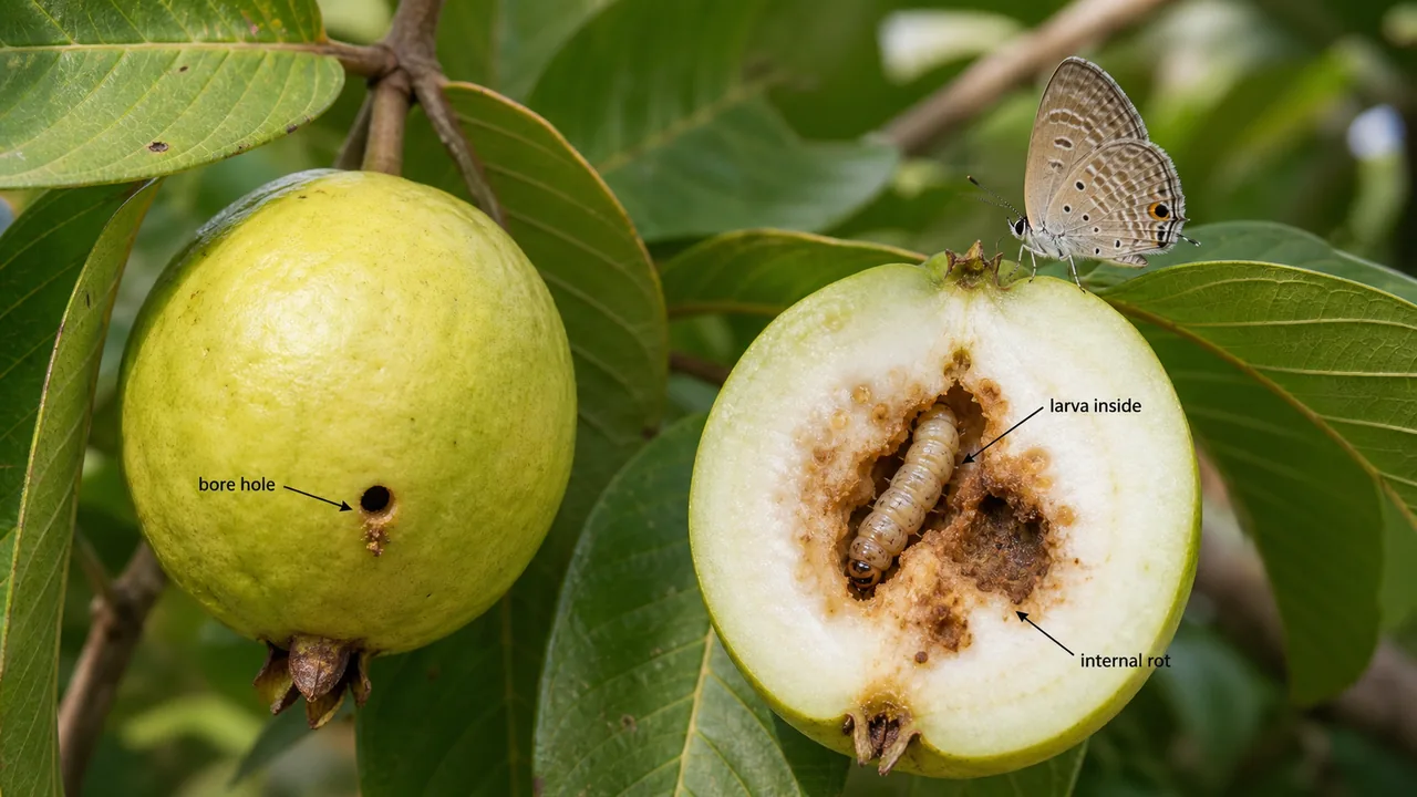 Guava fruit borer damage by anar butterfly showing a round bore hole in guava and a caterpillar feeding inside with internal rot