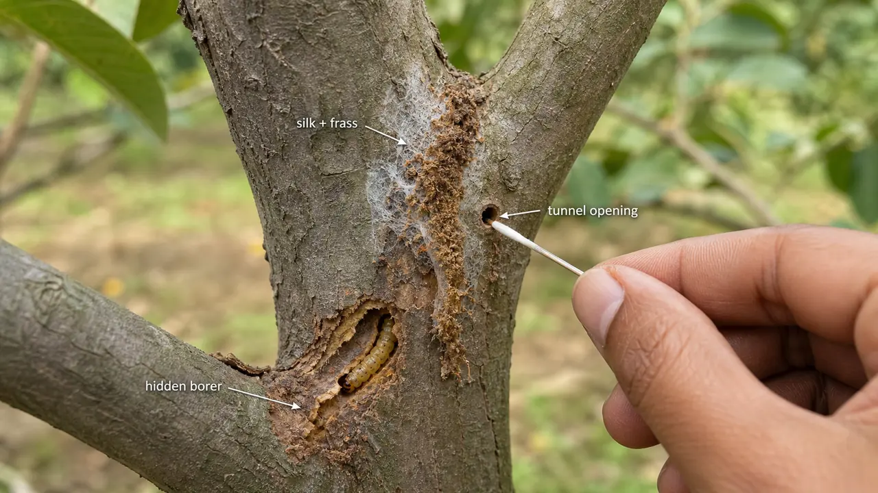 Guava bark caterpillar damage showing silk and frass gallery at a branch junction with a tunnel opening and hidden borer inside bark