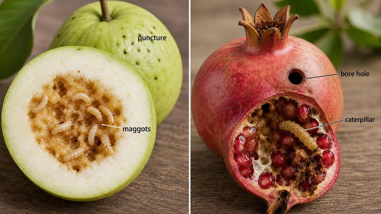 Comparison of guava fruit fly maggot damage and pomegranate anar butterfly bore-hole damage