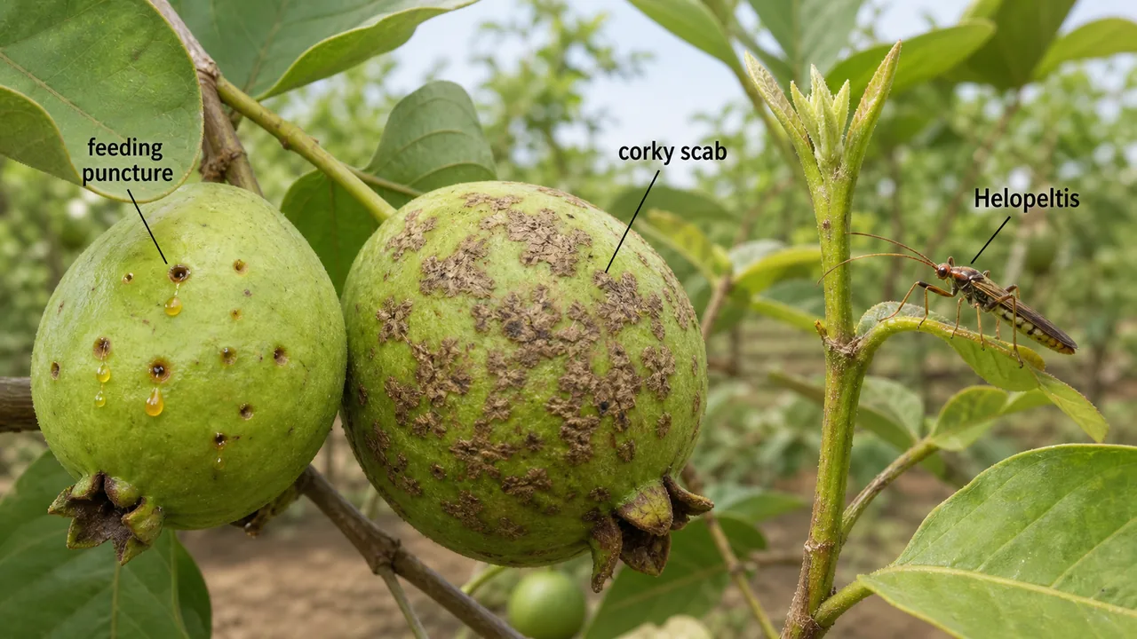 Tea mosquito bug damage on guava showing Helopeltis antonii feeding punctures and corky kajji scab on fruits
