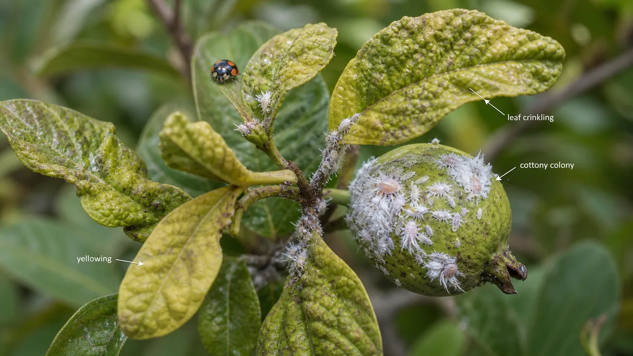 Guava mealy bug infestation showing white cottony colonies on shoots and fruit with leaf crinkling and yellowing
