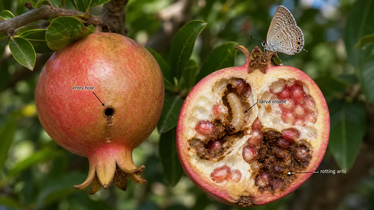 Pomegranate anar butterfly damage showing an entry hole on the rind and a caterpillar feeding inside rotting arils
