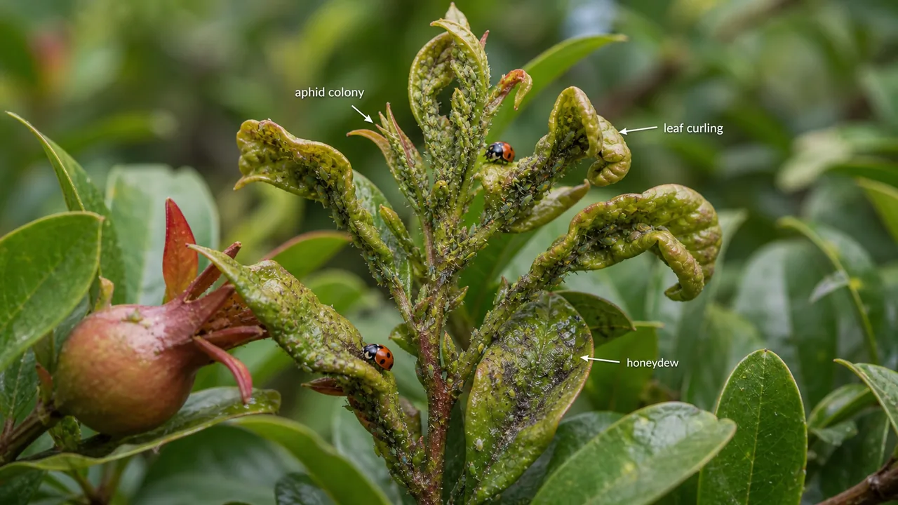 Pomegranate aphid colonies on tender shoots showing leaf curling and honeydew on young foliage
