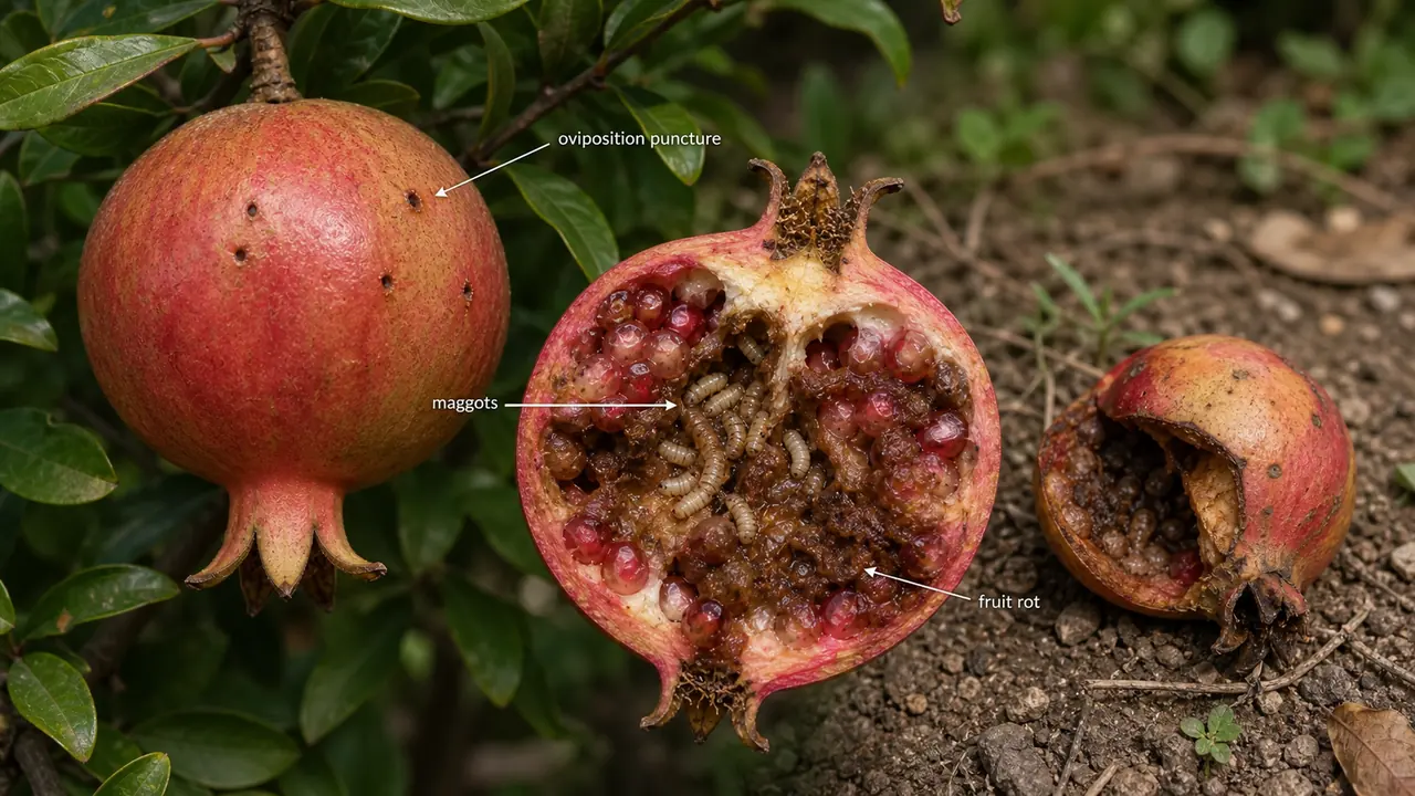 Pomegranate fruit fly damage by Bactrocera zonata showing oviposition punctures, maggots in fruit, and fruit rot
