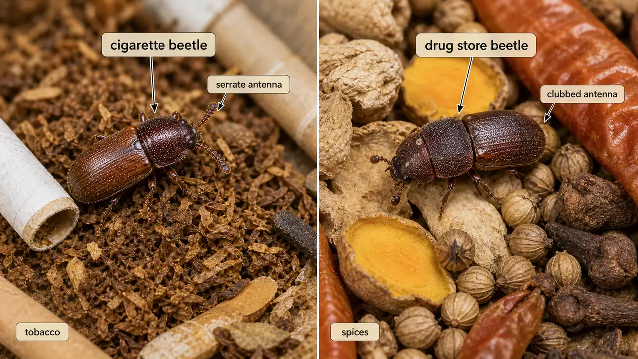 Comparison of cigarette beetle and drug store beetle on stored tobacco and spices showing serrate versus clubbed antennae