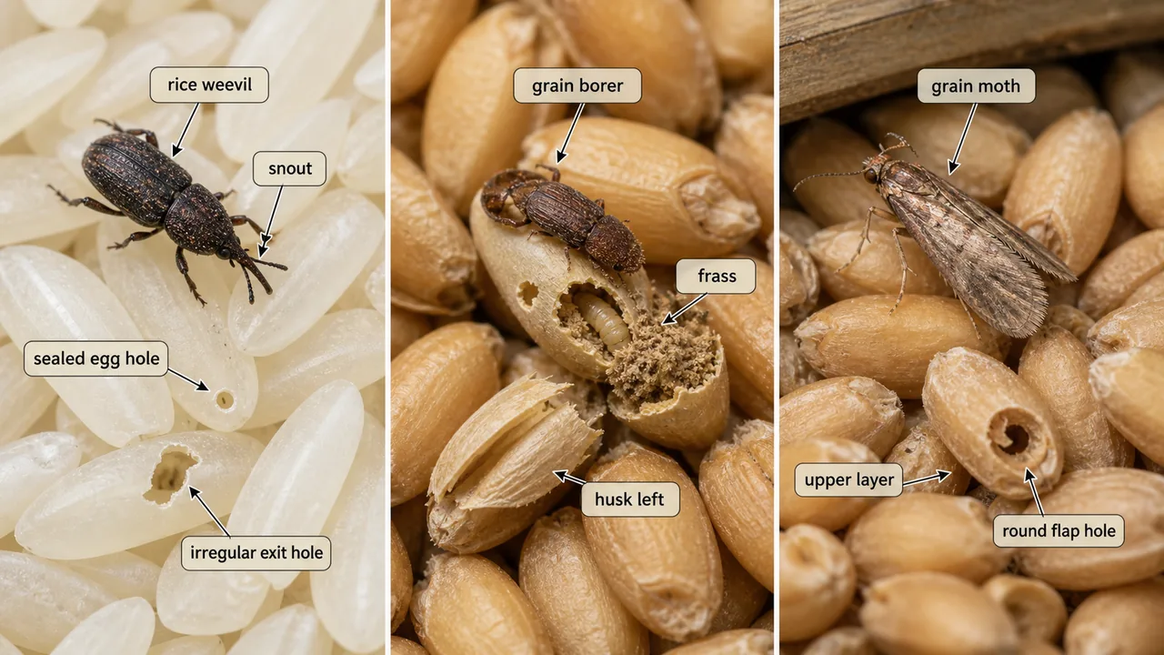 Comparison of rice weevil, lesser grain borer, and Angoumois grain moth damage in stored cereals