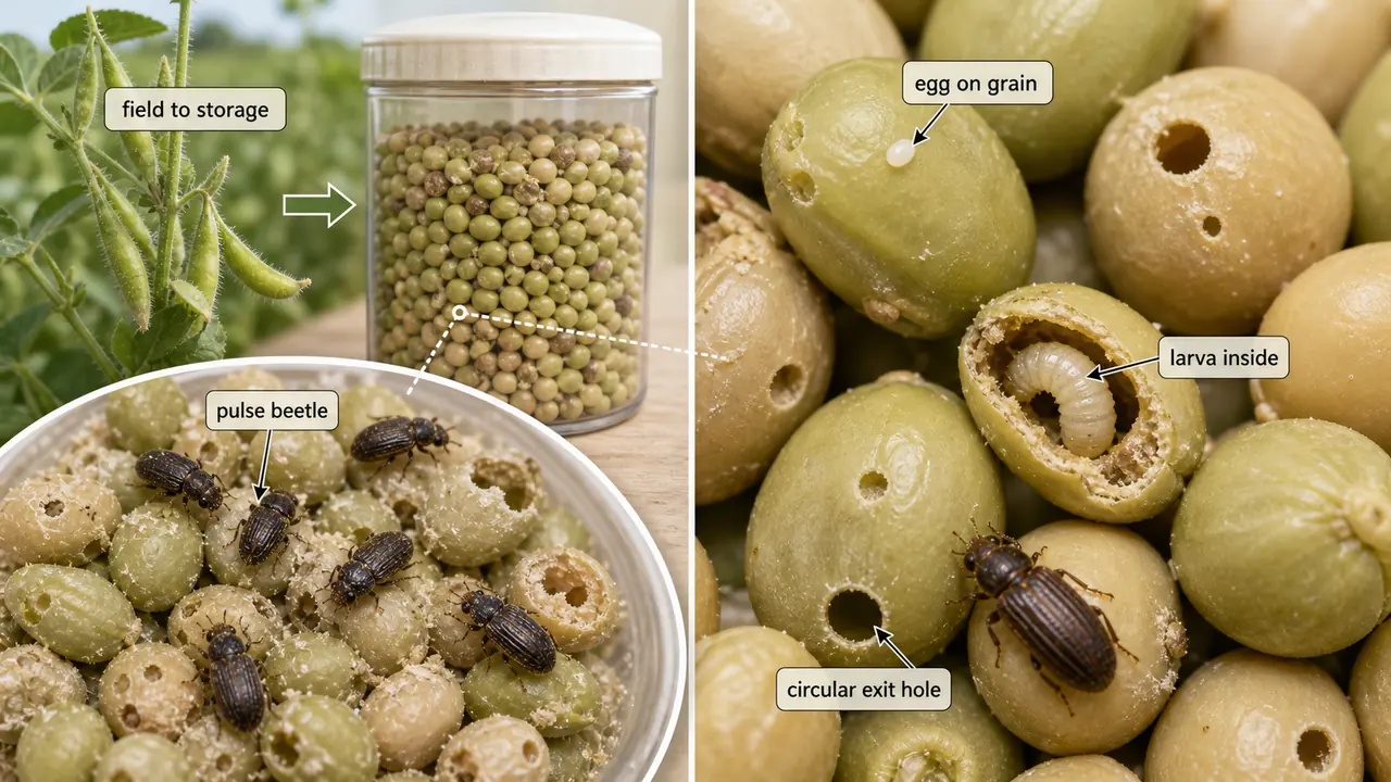 Pulse beetle infestation showing egg on pulse grain, larva developing inside, circular exit hole, and field to storage carryover