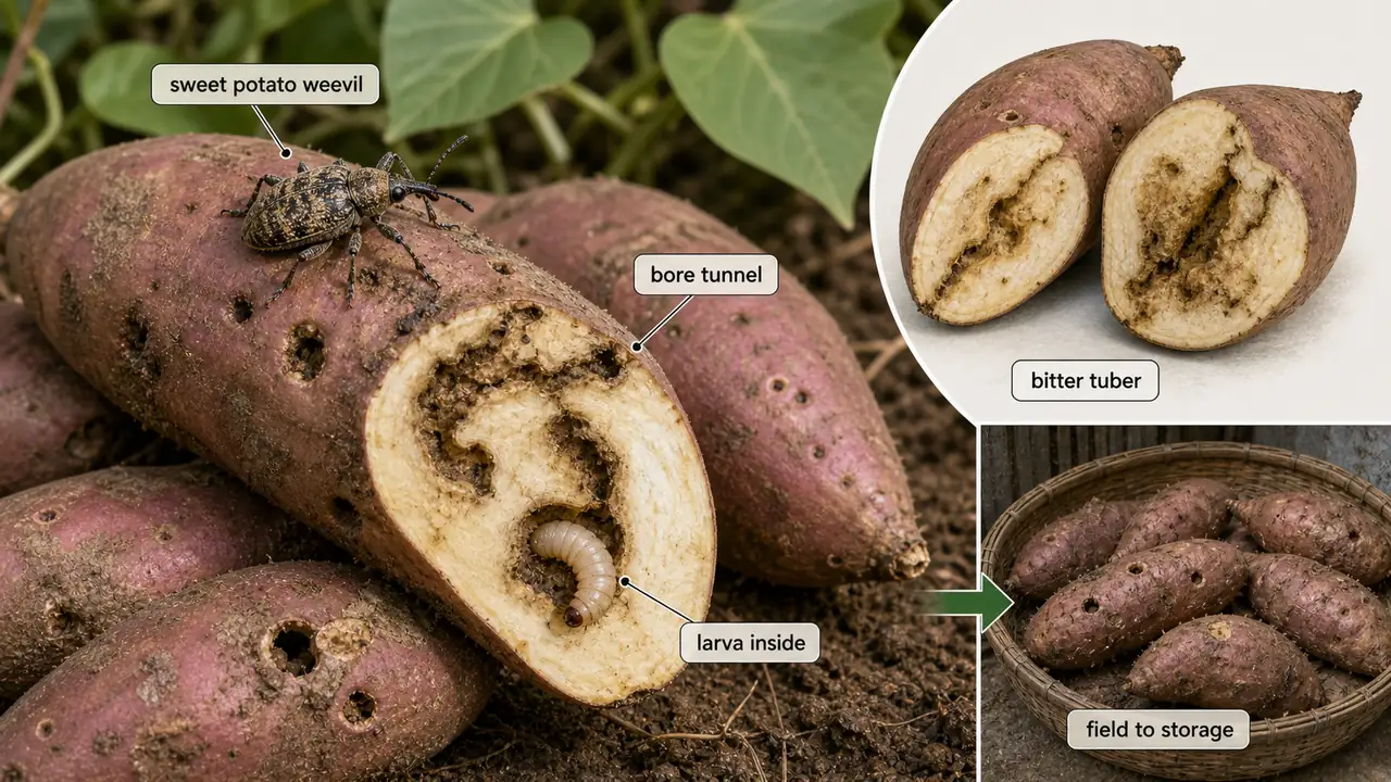 Sweet potato weevil infestation showing adult Cylas formicarius, bore tunnels, larva inside tuber, and bitter damaged tuber