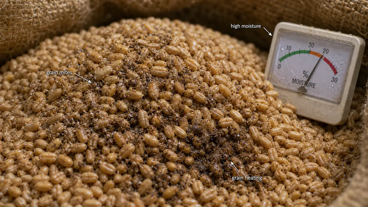 Grain mite infestation in damp stored grain showing tiny mites under high moisture conditions and grain heating