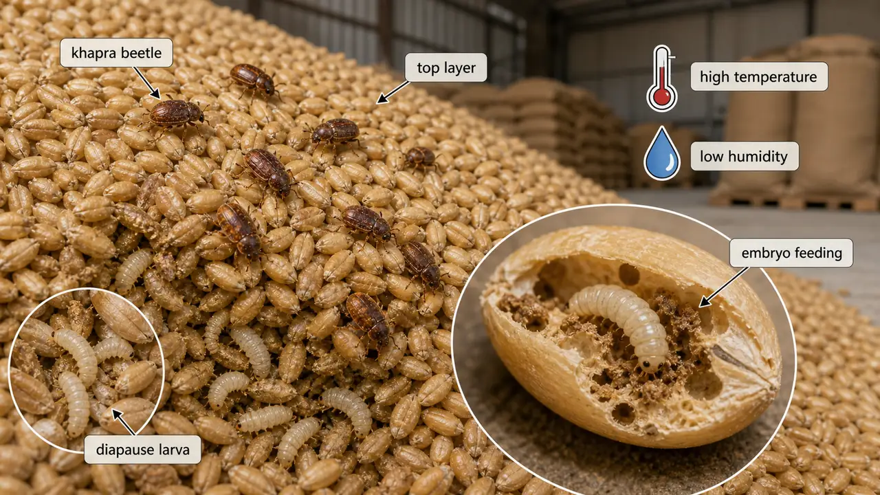 Khapra beetle damage in stored wheat showing top-layer infestation, embryo feeding, and diapause survival in hot dry storage