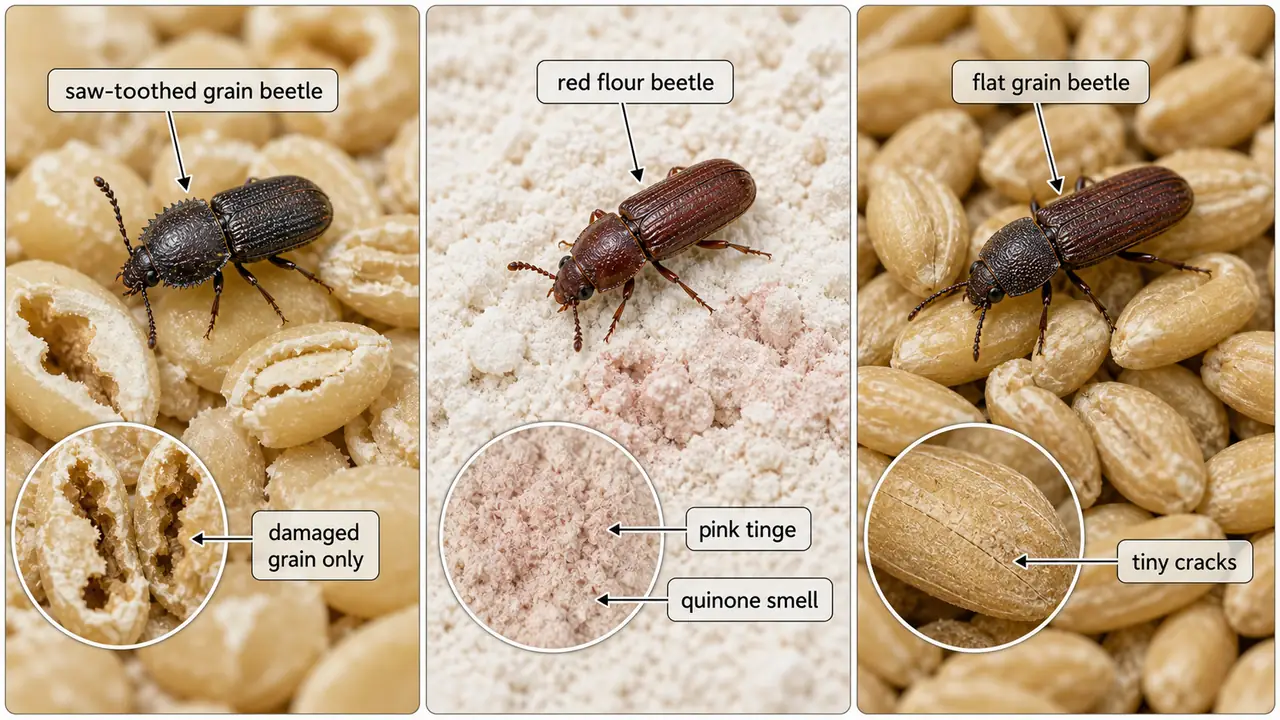 Comparison of saw toothed grain beetle, red flour beetle, and flat grain beetle on damaged grain and flour products