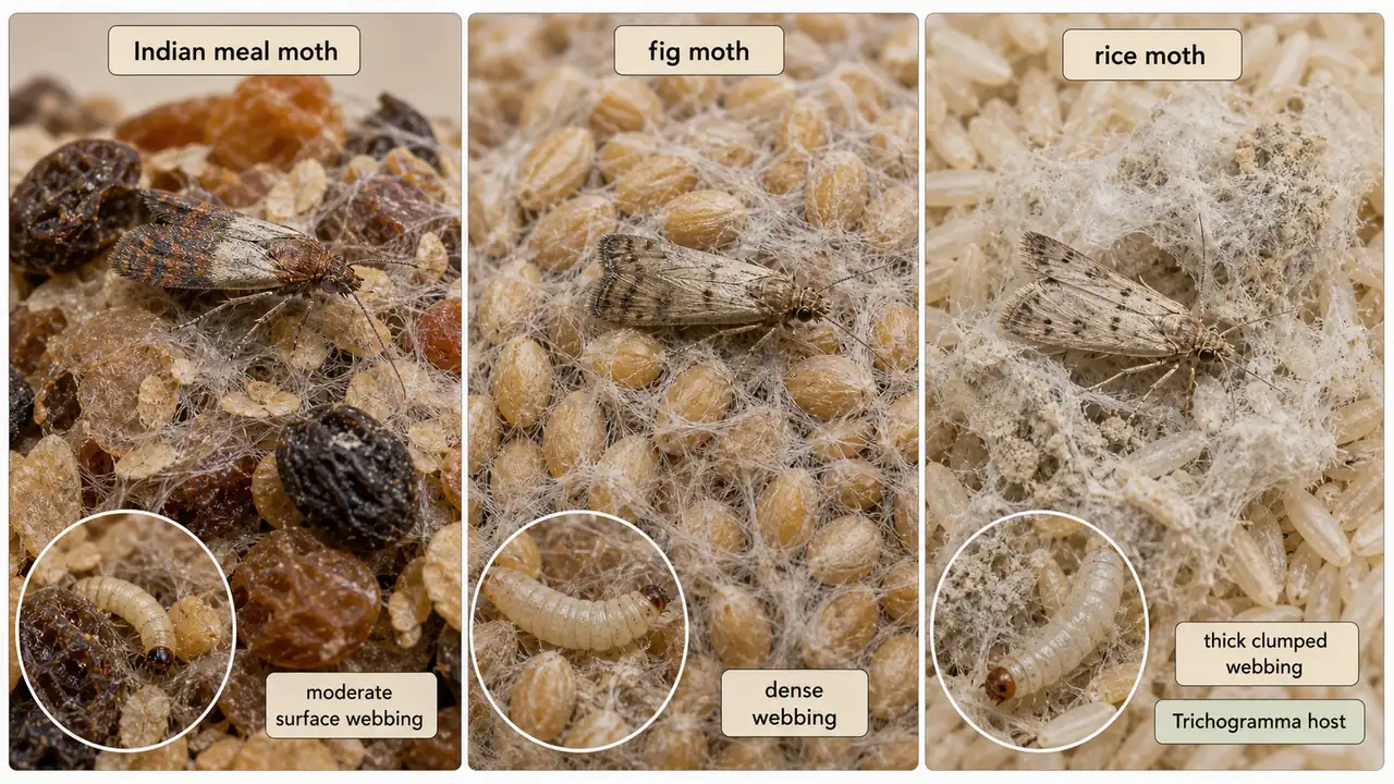 Comparison of Indian meal moth, fig moth, and rice moth showing moderate, dense, and clumping webbing in stored grain
