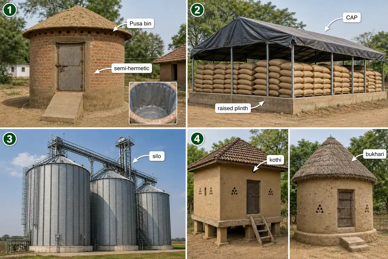 Comparison board of storage structures in India showing Pusa bin, CAP storage on raised plinth, modern silo, and traditional kothi and bukhari