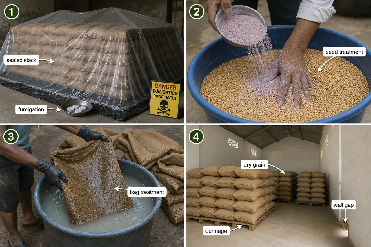 Storage pest management decision board showing fumigation, seed treatment, bag treatment, and safe dry grain storage on dunnage with wall gap