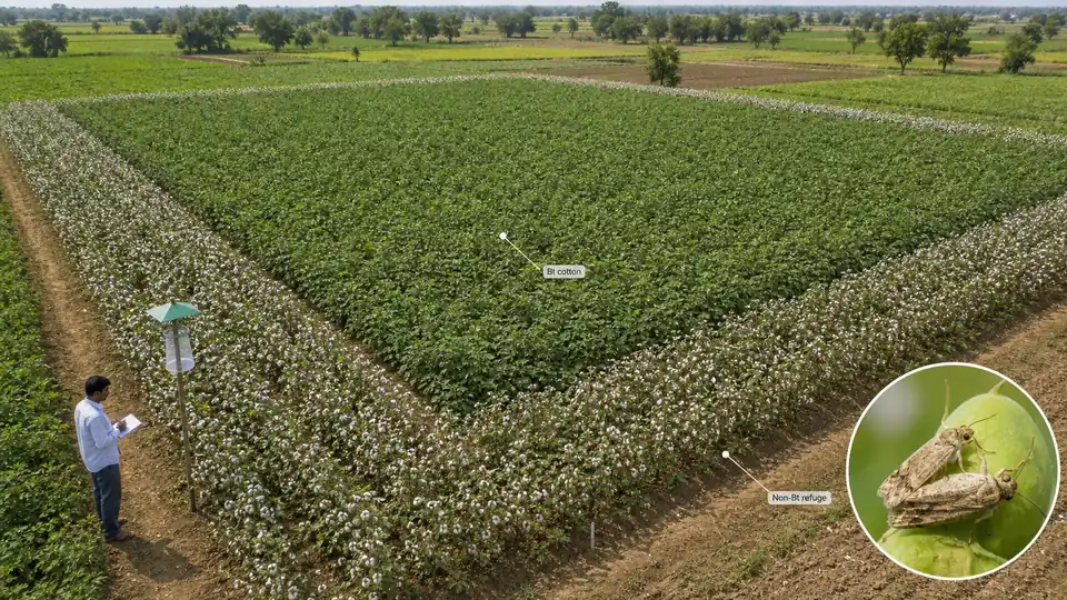 Bt cotton field with non-Bt refuge border and trap-based monitoring to delay bollworm resistance