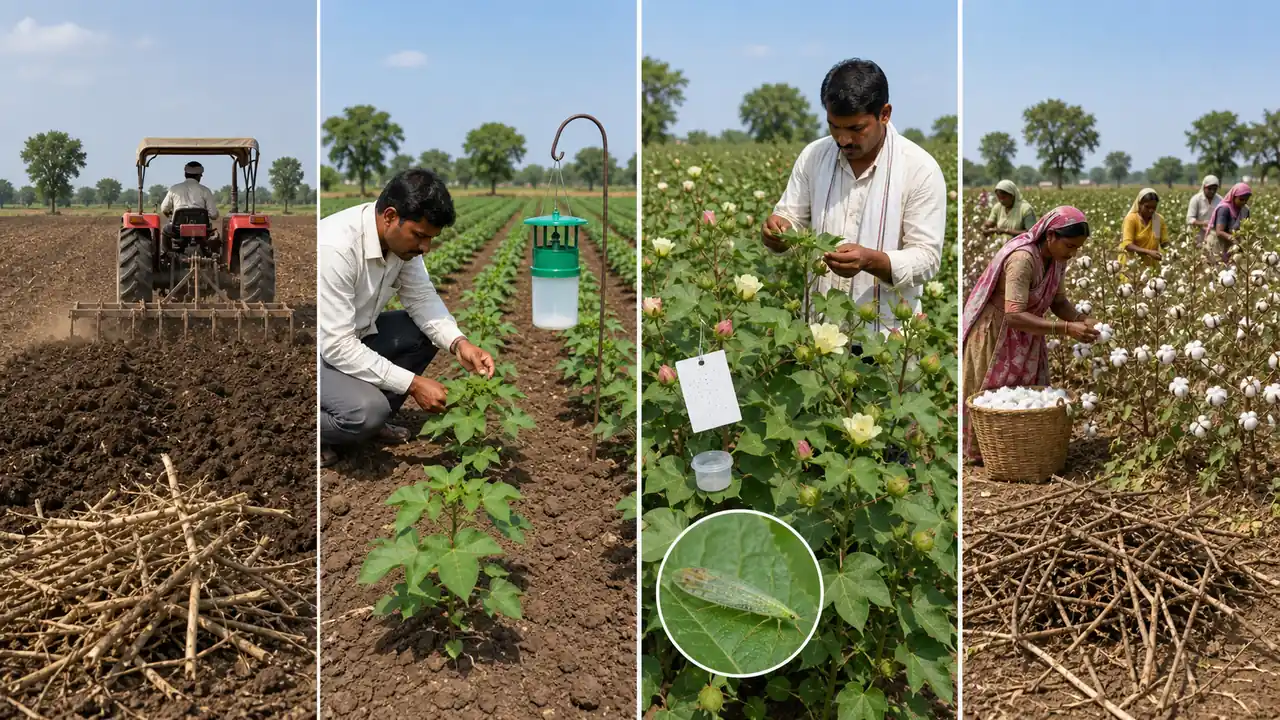 Season-wise cotton integrated pest management from pre-sowing to harvest with scouting, traps, beneficial insects, and residue destruction
