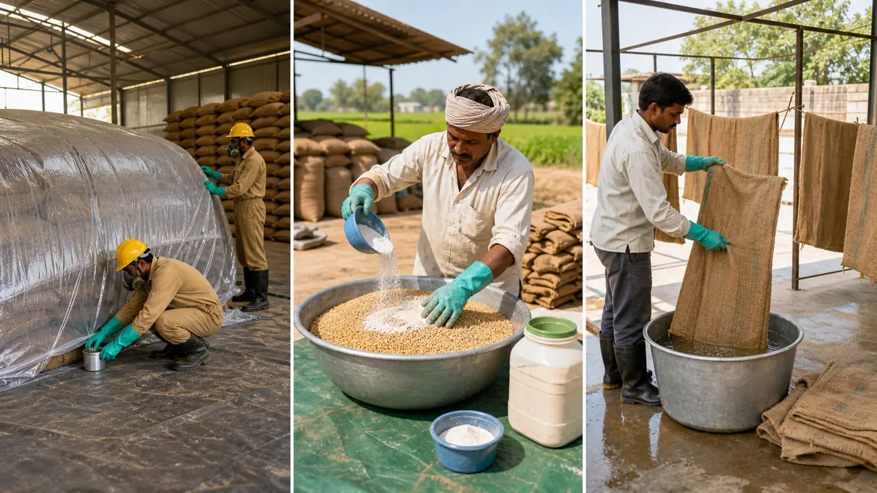 Stored grain pest management showing fumigation, seed treatment, and bag surface treatment as distinct control methods