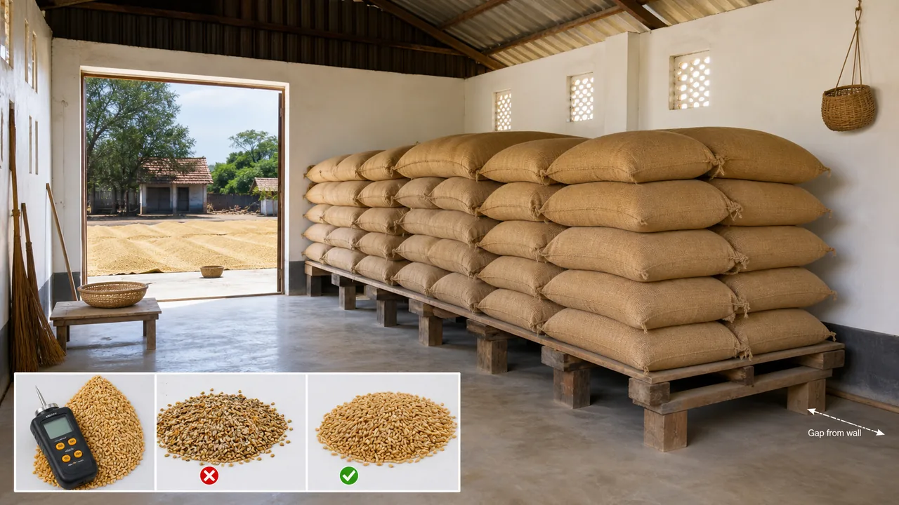 Safe grain storage with dried grain, bags stacked on dunnage, and a clear gap from the godown wall for aeration and hygiene