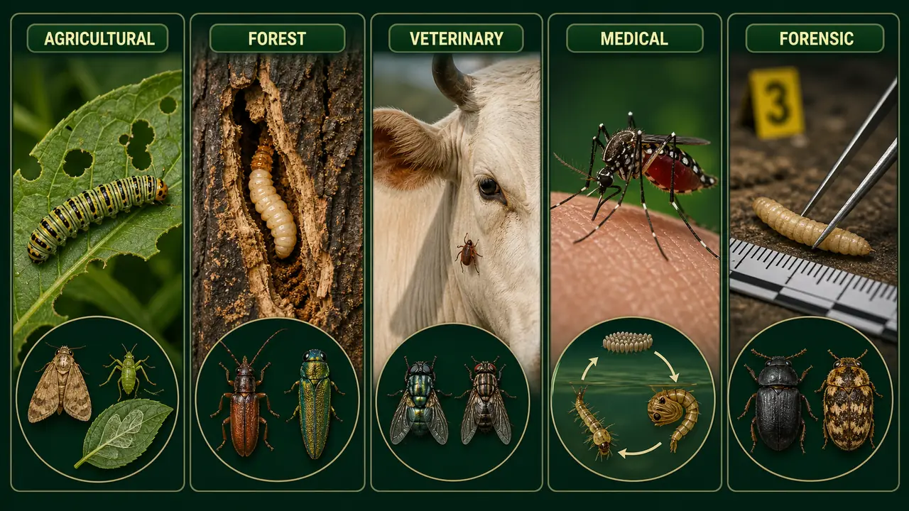Applied entomology branches showing agricultural, forest, veterinary, medical, and forensic entomology