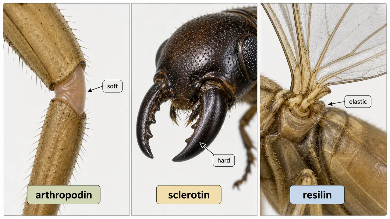 Comparison of arthropodin, sclerotin, and resilin in insect cuticle showing soft, hard, and elastic regions
