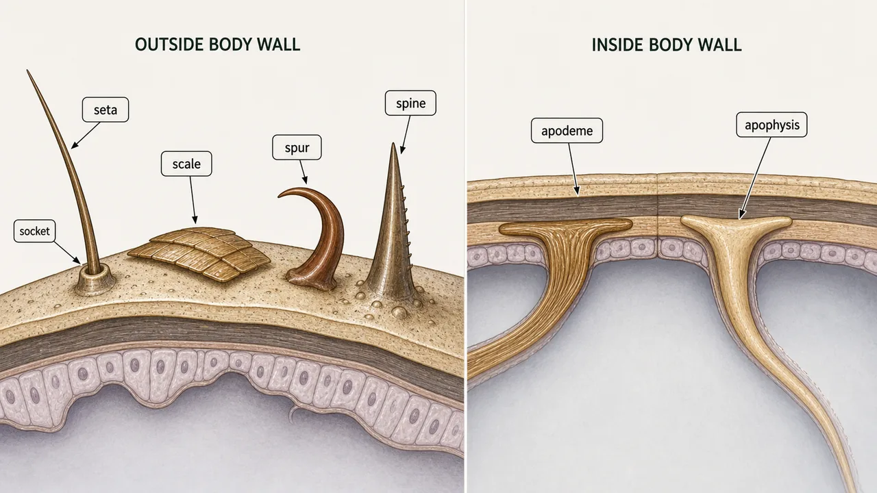 Cuticular modifications comparing seta, scale, spur, spine, apodeme, and apophysis in insect body wall