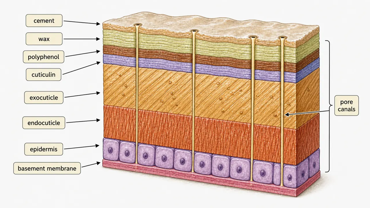 Insect integument cross section showing cement, wax, polyphenol, cuticulin, exocuticle, endocuticle, epidermis, basement membrane, and pore canals