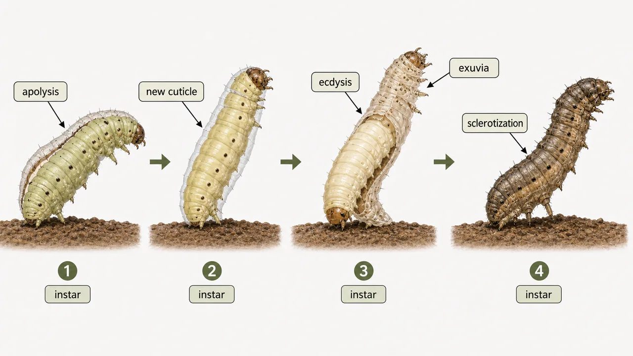 Insect moulting sequence showing apolysis, new cuticle, ecdysis, exuvia, sclerotization, and successive instar