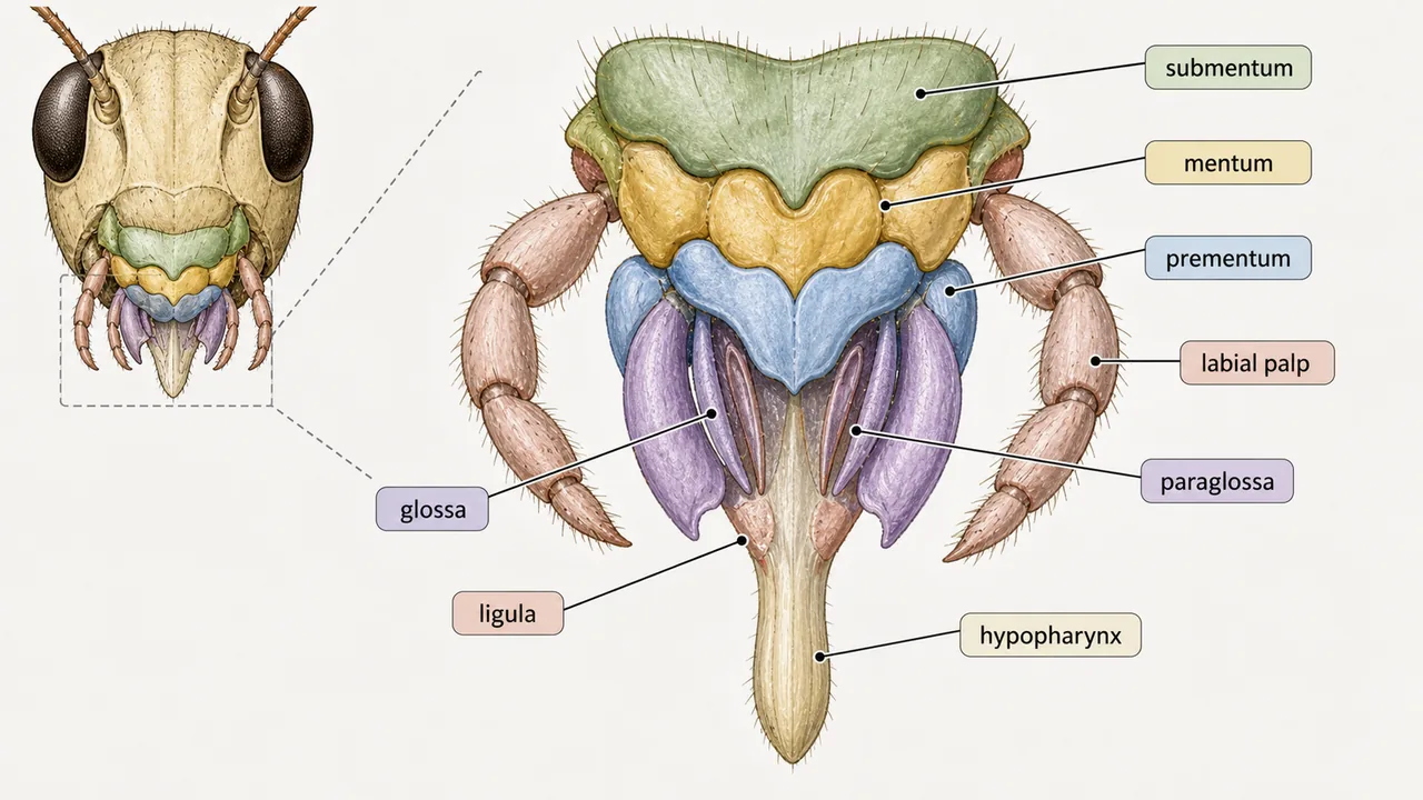 Labium and hypopharynx in biting chewing mouthparts showing submentum, mentum, prementum, labial palp, glossa, paraglossa, ligula, and hypopharynx