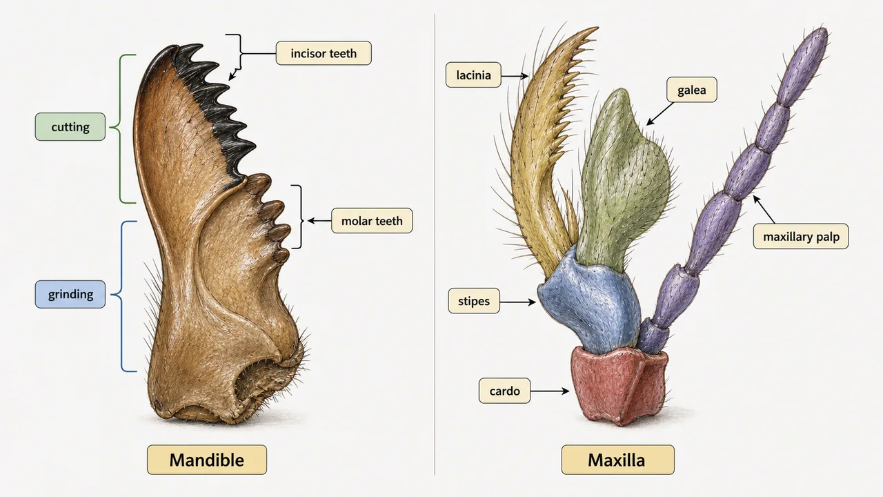 Comparison of mandible and maxilla in biting chewing mouthparts showing incisor teeth, molar teeth, cardo, stipes, lacinia, galea, and maxillary palp