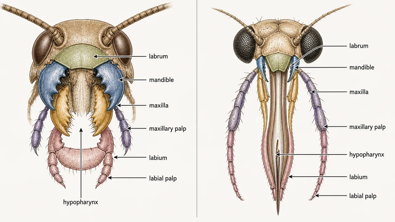 Mandibulate mouthparts in frontal view showing labrum, mandible, maxilla, maxillary palp, labium, labial palp, and hypopharynx