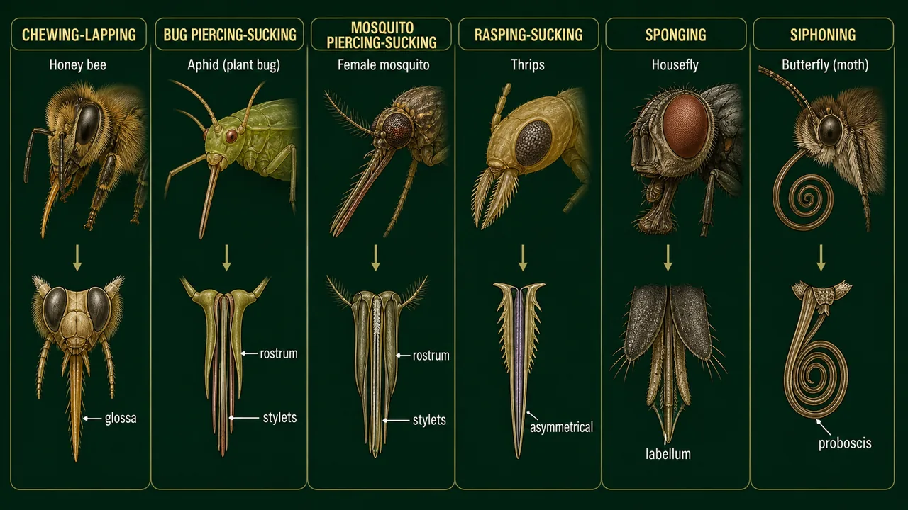 Comparison of sucking mouthparts in honey bee, bug, female mosquito, thrips, housefly, and butterfly