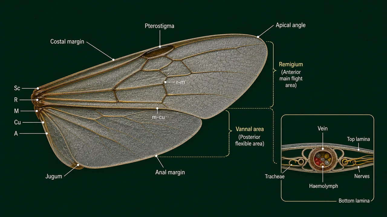 Insect wing structure and venation showing main longitudinal veins, cross veins, margins, and regions