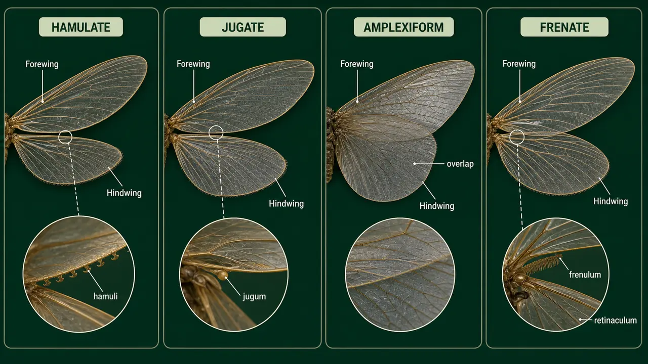 Comparison of insect wing coupling types such as hamulate, jugate, amplexiform, and frenate