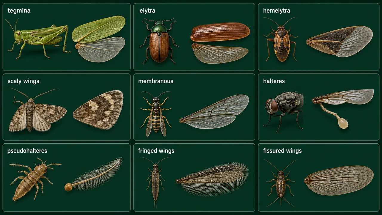 Comparison of insect wing modifications such as tegmina, elytra, hemelytra, scaly wings, membranous wings, halteres, pseudohalteres, fringed wings, and fissured wings