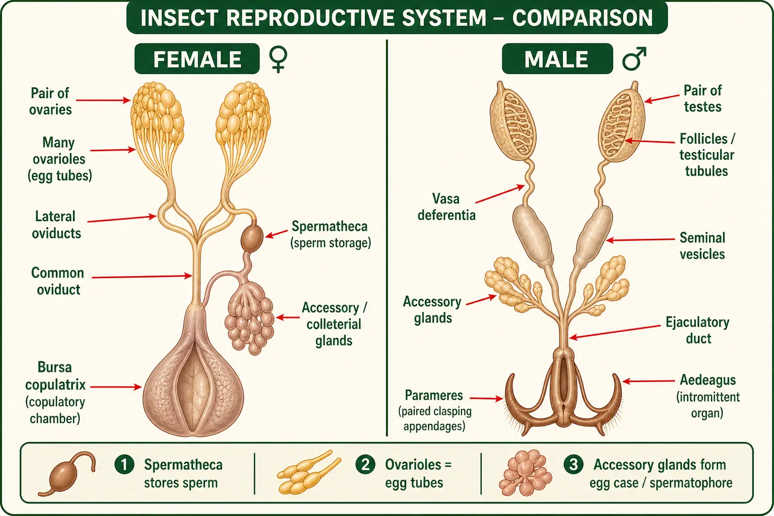 Comparison of female and male insect reproductive systems showing ovaries, ovarioles, oviducts, spermatheca, testes, vasa deferentia, seminal vesicles, accessory glands, and aedeagus