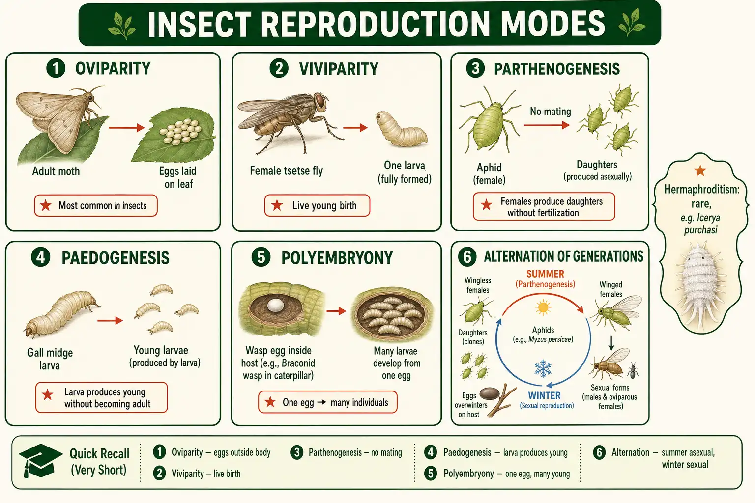 Comparison of insect reproduction modes showing oviparity, viviparity, parthenogenesis, paedogenesis, polyembryony, and alternation of generations