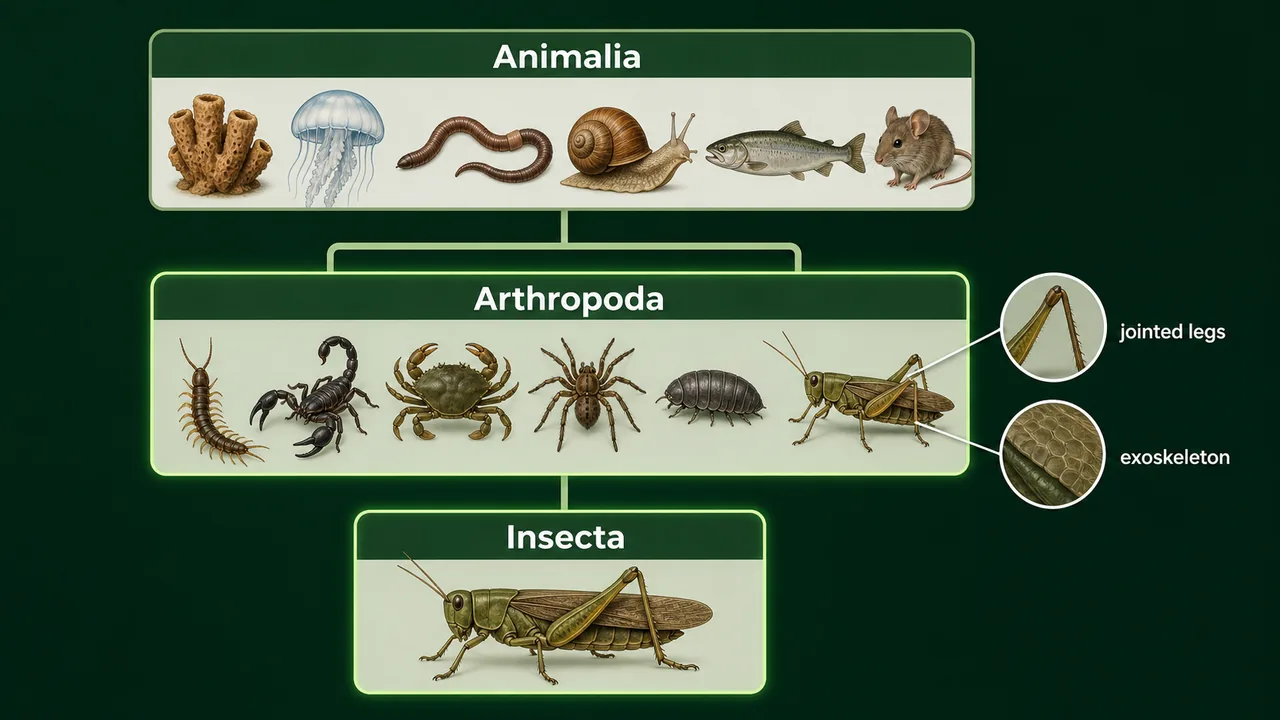 Animal kingdom hierarchy showing Arthropoda and Insecta with jointed legs and exoskeleton features