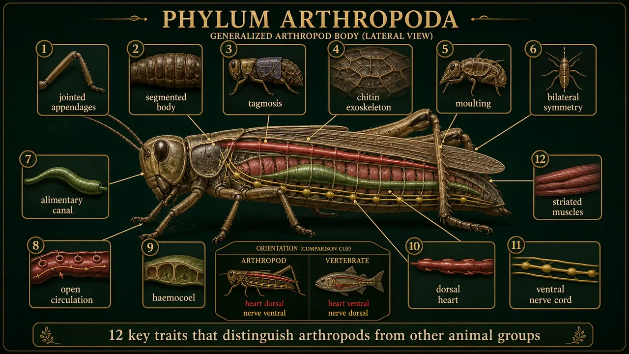 Phylum Arthropoda memory board showing 12 key traits including jointed appendages, tagmosis, chitinous exoskeleton, haemocoel, dorsal heart, and ventral nerve cord