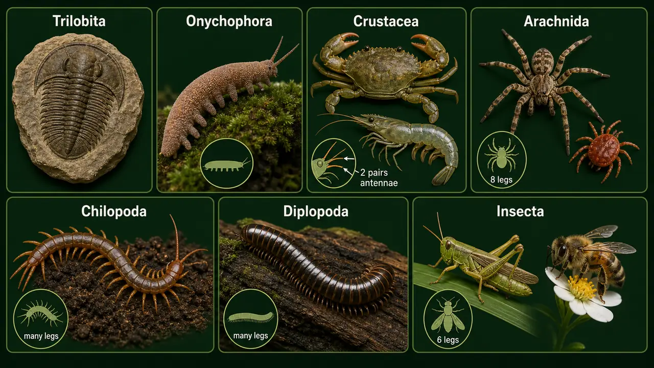 Seven classes of Phylum Arthropoda compared with insects, arachnids, crustaceans, myriapods, onychophorans, and trilobites