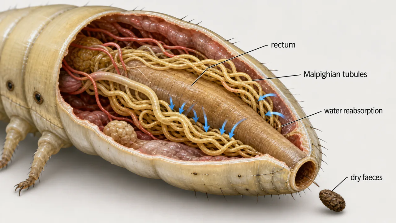 Cryptonephridial condition in insects showing Malpighian tubules wrapped around the rectum for water reabsorption
