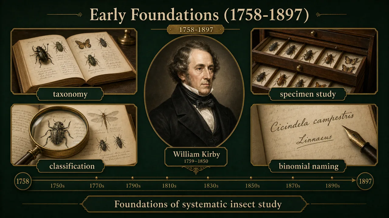 Early foundations of entomology showing taxonomy, classification, specimen study, and binomial naming in historical context
