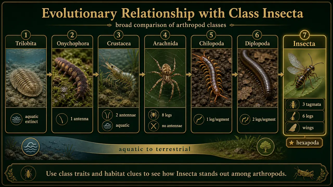 Evolutionary relationship with Class Insecta showing seven arthropod classes, aquatic to terrestrial shift, and key class traits such as antennae, leg number, and tagmata