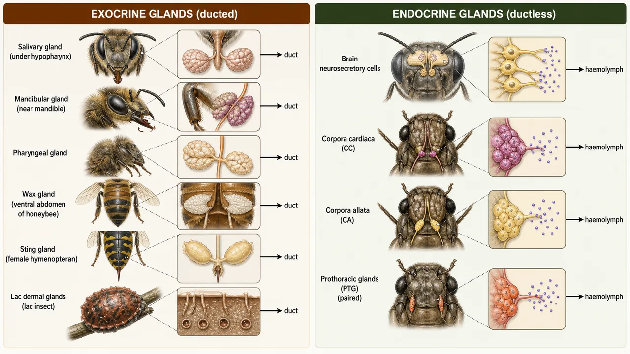 Comparison of exocrine glands with ducts and endocrine glands releasing hormones into haemolymph in insects