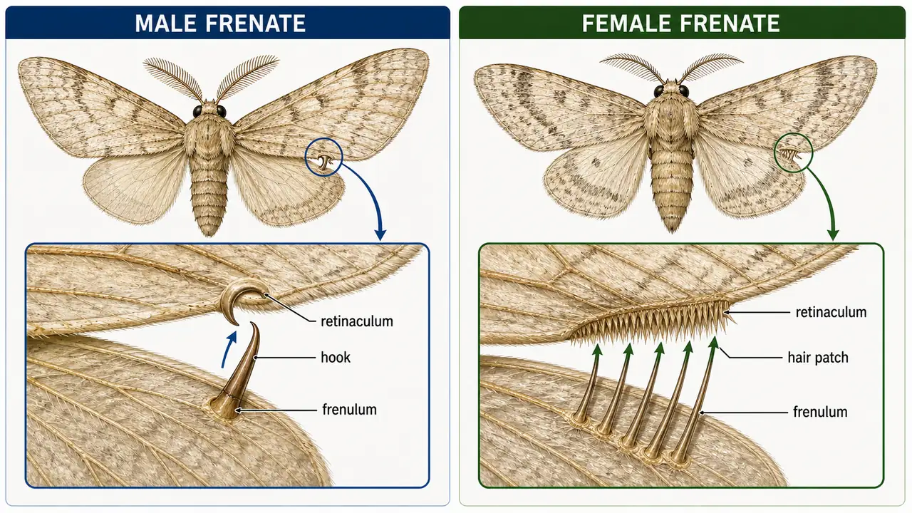 Male and female moth frenate wing coupling comparison showing single versus multiple frenulum bristles