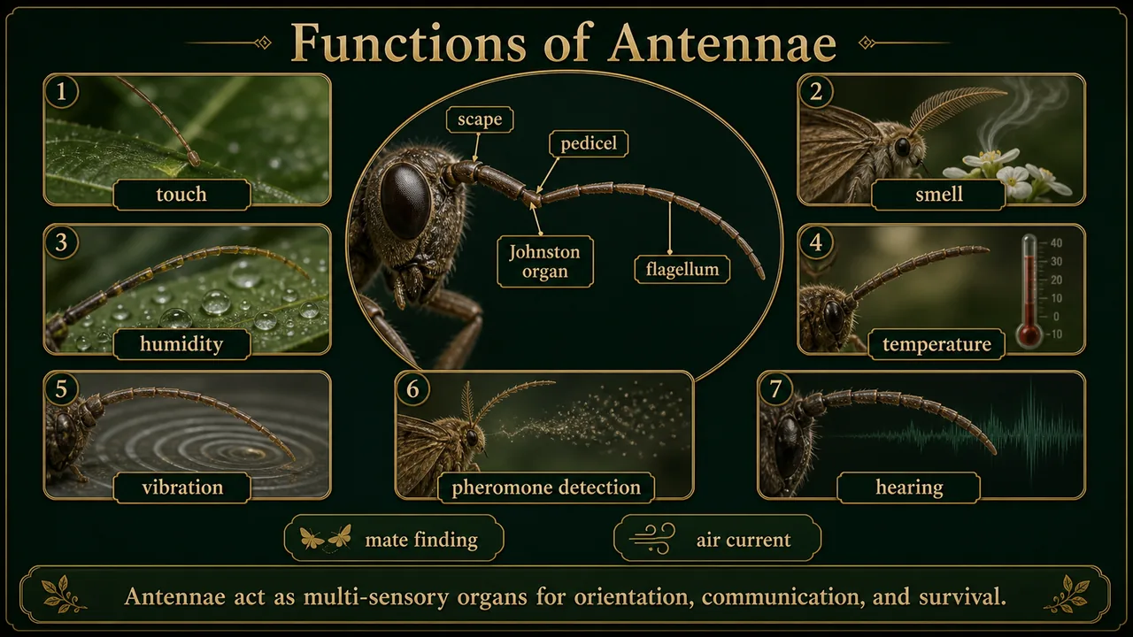 Functions of insect antennae showing touch, smell, humidity, temperature, vibration, pheromone detection, hearing, and Johnston organ