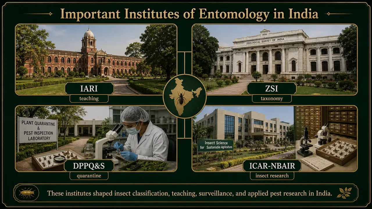 Important institutes of entomology in India showing IARI, ZSI, DPPQS, and ICAR NBAIR with their roles