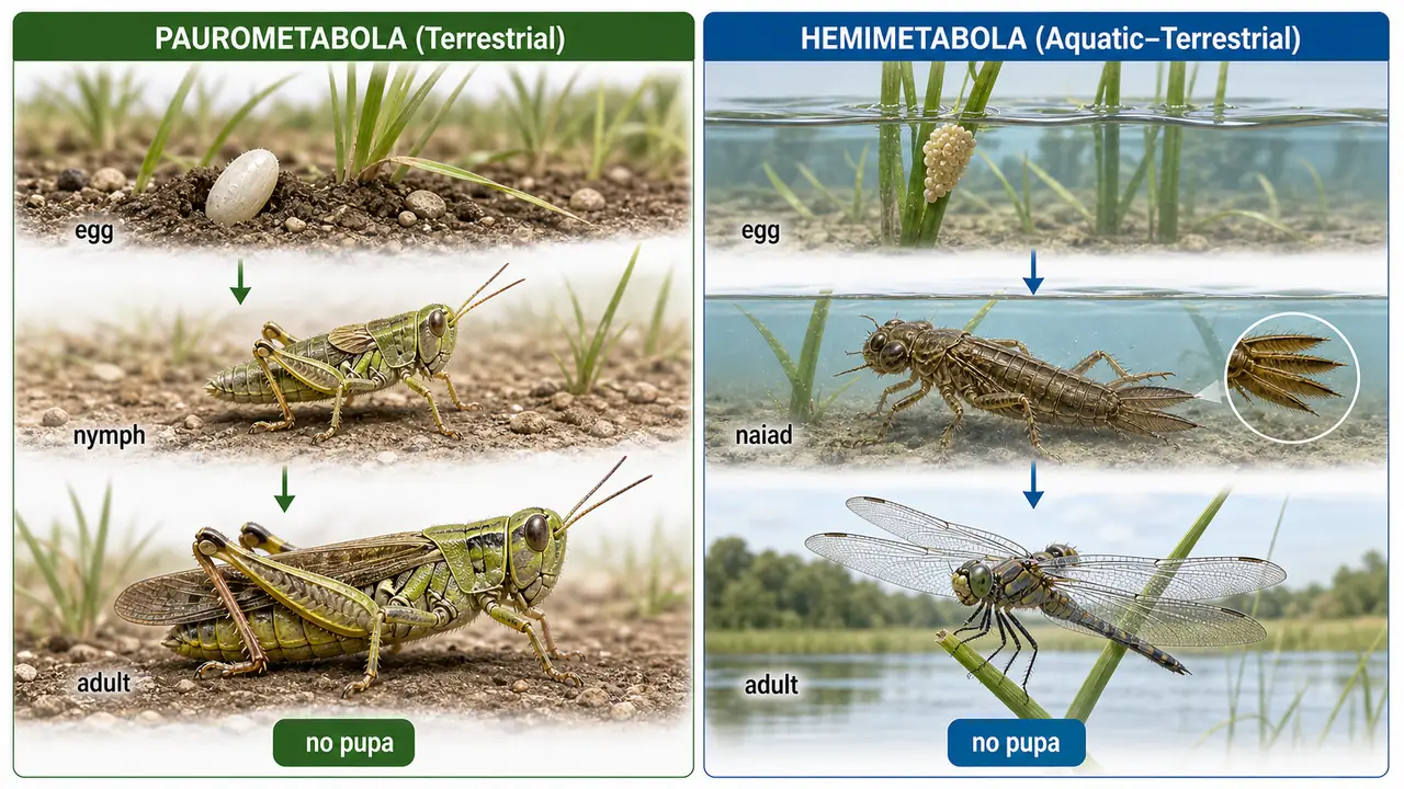Comparison of terrestrial nymph and aquatic naiad in incomplete metamorphosis